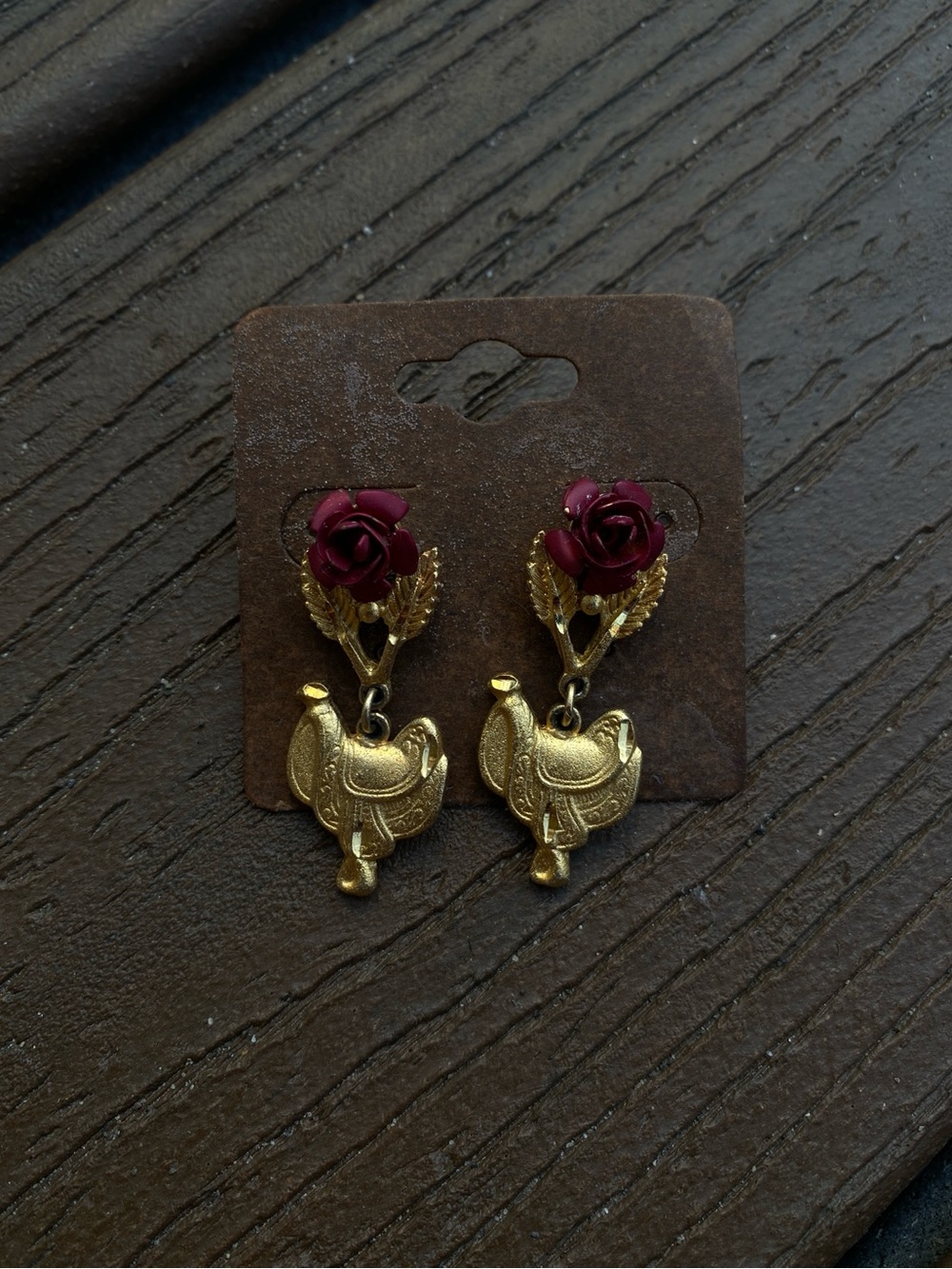 Vintage Monet Burgundy Rose & Gold Saddle Drop Earrings western